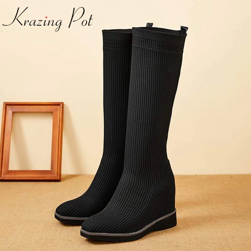 

Krazing Pot Knitting Round Toe Wedges Stretch Sock Boots Preppy Style Super High Heels Solid Increased Sweety Knee High Boots