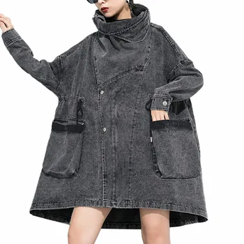 

2020 Ladies Denim Trench Coats Korean Fashion Vintage Clothes Women Turtleneck Long Casual Windbreaker Plus Size New Ropa Mujer