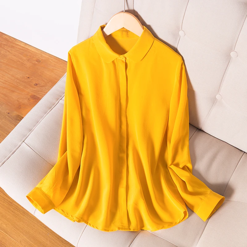 SuyaDream, женская простая шелковая блузка, шелк, креп, длинный рукав, отложной воротник, офисные блузки,, Весенняя рубашка - Цвет: Mango