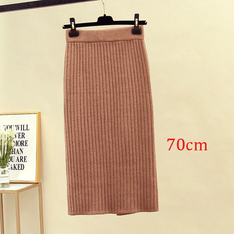 Khaki 70cm 60-70 см женские юбки с эластичными лентами осень зима теплая трикотажная прямая юбка ребристая юбка средней длины черная - Цвет: Khaki 70cm