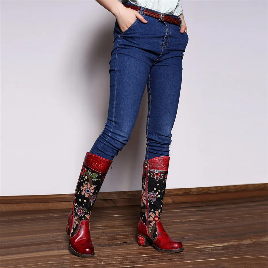 Fashion Patchwork Western Cowboy Boots Women Shoes Bohemian Genuine Leather Shoes Woman Vintage Side Zip Knee High Riding Boots (3)