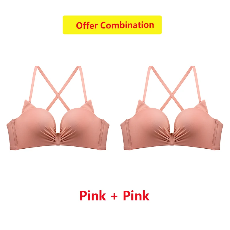 Синий Sexy Lingerie Cat Ear Pattern Beauty Back Gather Bra Small Breast Thickened Wire Free Underwear For Girls 32/70-38/85 A B Cup - Цвет: Синий