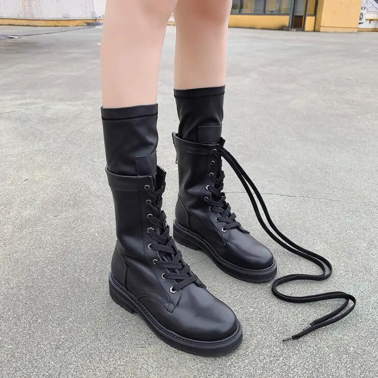 

Women Shoes Woman Boots Fashion Flat Zipper Mid-calf Boots 2019 Autumn New PU Black Comfortable Popular Non-slip Boots X163