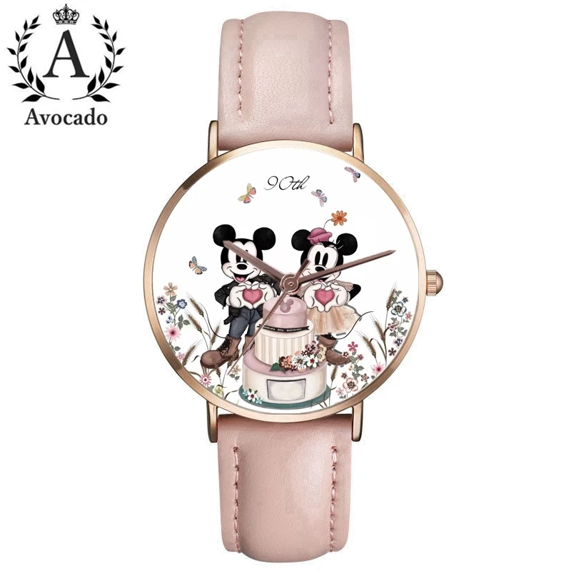 Zegarki-reloj de cuarzo con dibujos animados para mujer, nuevo accesorio de pulsera de cuero rosa con ratón
