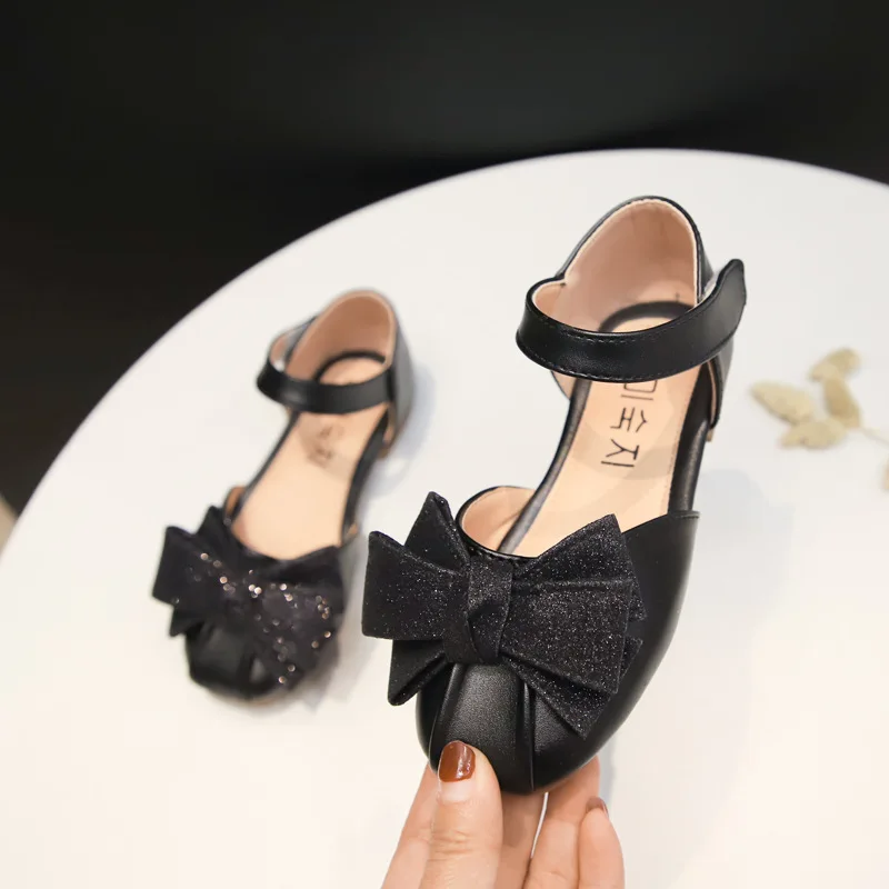Gold Silver Black Children leather shoes Girls Princess Shoes For Wedding Party Kids bow Soft soles Single shoes chaussure fille