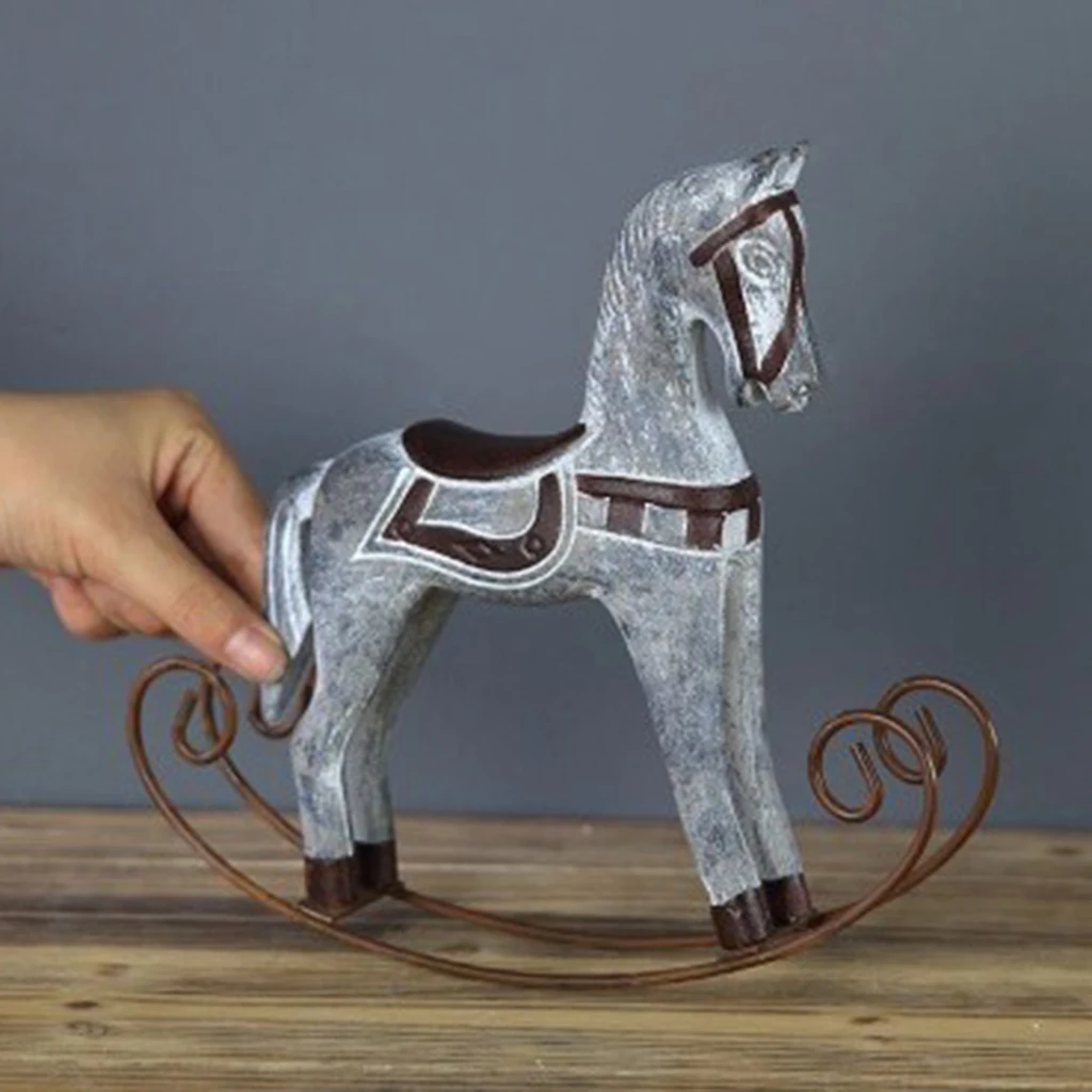 Wooden Crafts Rocking Horse Figurine Home Office Decor Furnishing Articles Wooden Adornment Crafts Horse Statue Rocking Horse