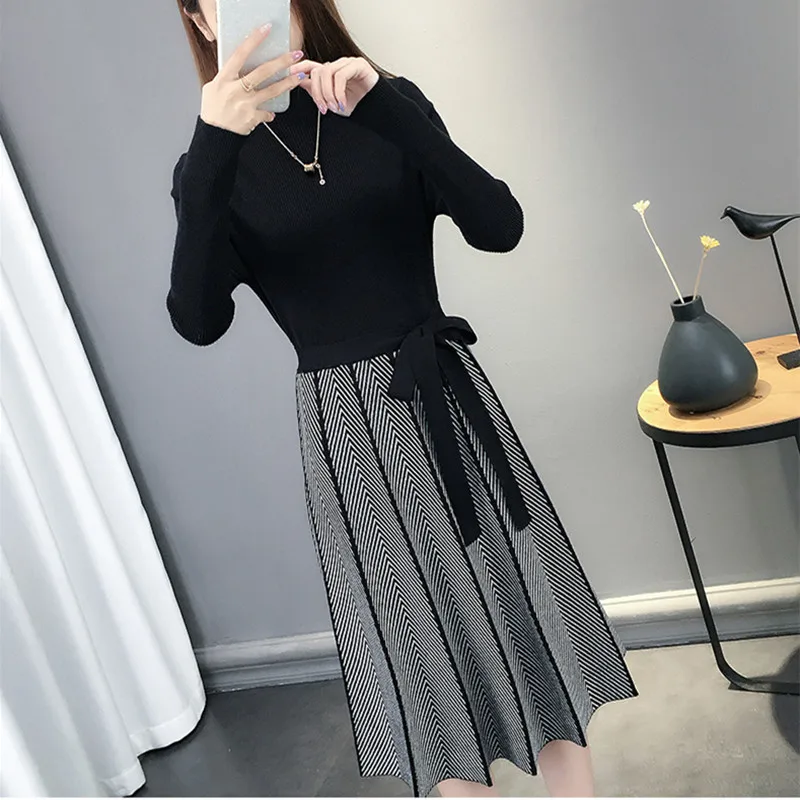 Autumn Winter Dress Women Black Patchwork Long Sleeve Knit Sweater Dress Bodycon Work Office Dress Formal Spring