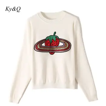 

2019 Winter Runway Deigner Sweet Embroidered Strawberry Sweater Women Pullover Sweater O-neck Long Sleeve Brand Christmas