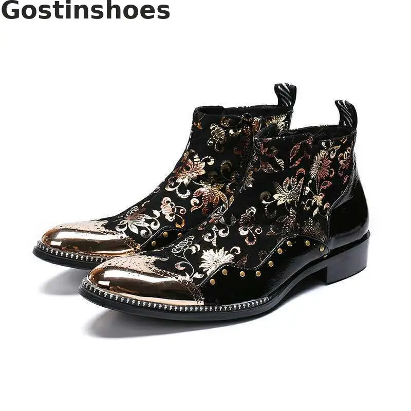 

Men Ankle Cut-out Boots Genuine Leather Printed Metal Capped Toe Breathable Rubber Outsole Side Zipper Short Boots Men
