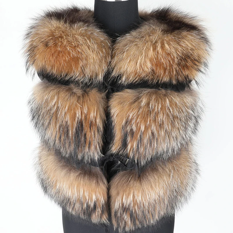 2021 New Fashion Ladies Winter Natural Fox Fur Splice Round Neck Vest Raccoon Short Warm Slim Fit Coats | Женская одежда