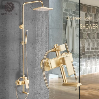 

Bathroom Shower Faucet System Brushed Golden 8" Rainfall Mixer Hot Cold Water Faucet Swivel Spout Handheld Wall Mount Faucet