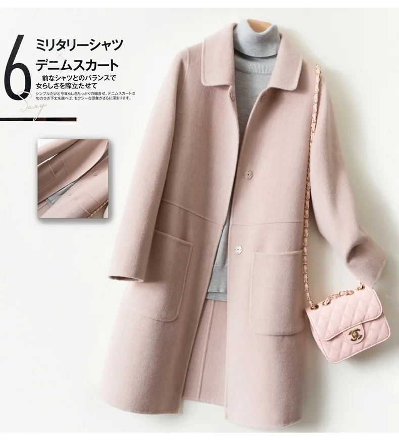 Autumn Winter Women Double-faced Wool Coat High quality Doll collar Single-breasted Long Overcoat Female Slim Wool Blends Jacket