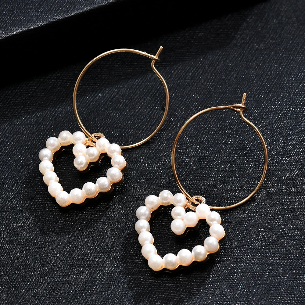 Korean-Women-simple-wild-geometric-Heart-Pearl-Drop-Dangle-Party-Hoop-Earrings-girl-earrings-Jewelry
