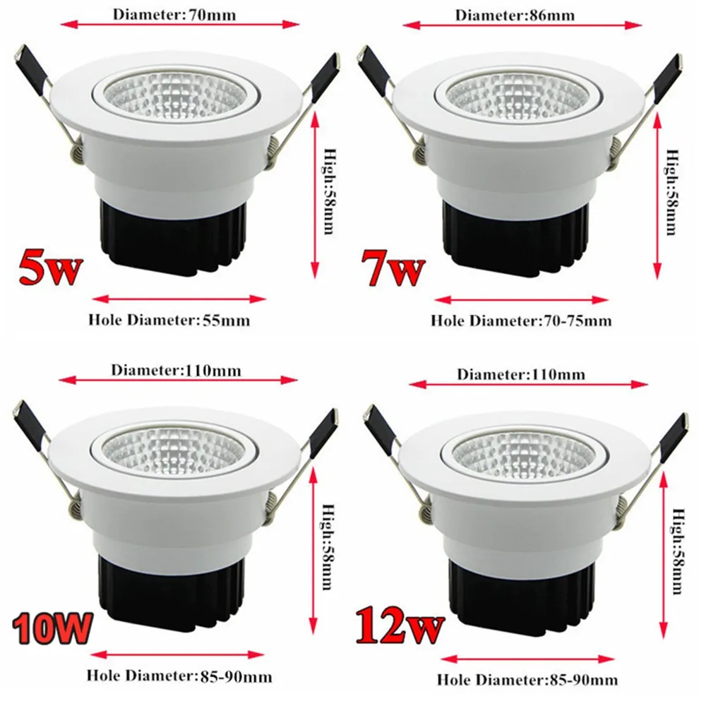 Super Bright Recessed LED Dimmable COB Downlight 5W 7W 10W 12W LED Spot light Dimming Indoor Ceiling Lamp White/Warm white