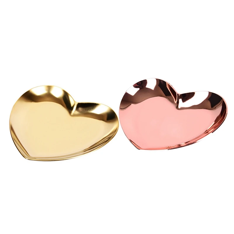 

2 Pcs Heart Shaped Jewelry Serving Plate Metal Tray Storage Arrange Fruit Tray Home, Rose Gold & Gold