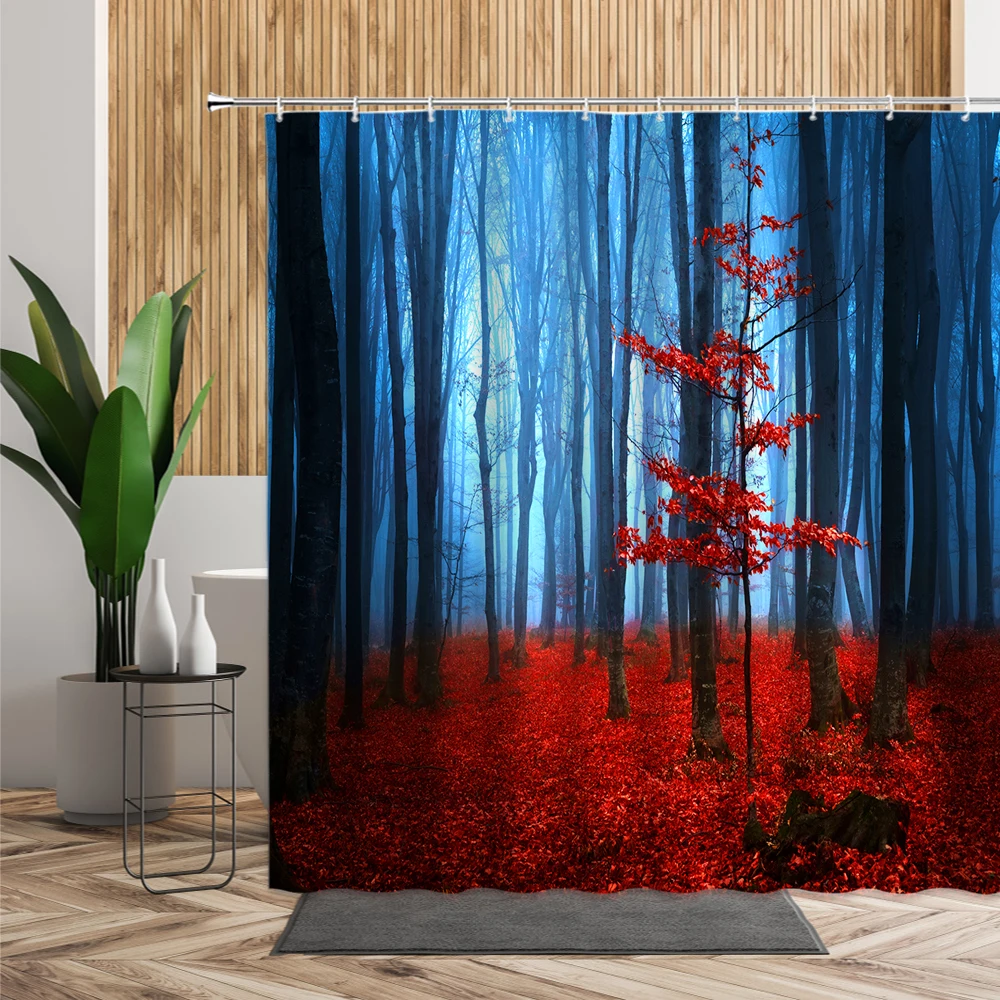 Forest Scenery Photo Bathroom Shower Curtain Red Leaves Home Decor Leaf