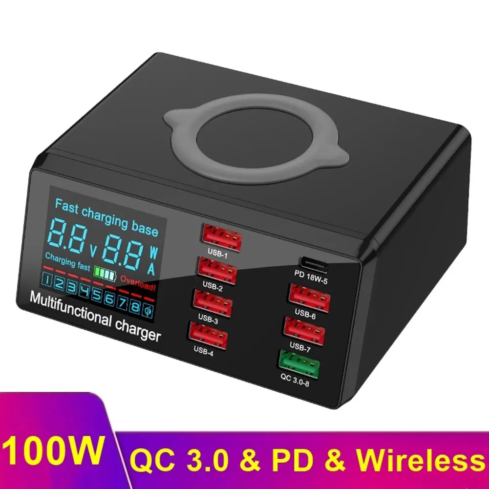 100W 8 Ports USB Charger Quick Charge 3.0  Wireless Chargers Fast Charger Station Smart LED Display For Samsung  Huawei IPhone