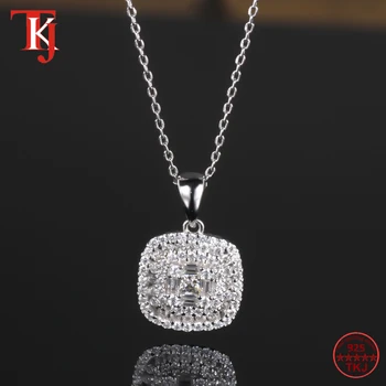 

3mm Cubic Zircon Pendant Necklace for Women 40cm 925 Sterling Silver Chain Fashion Square Shape Necklace for Mom Gift