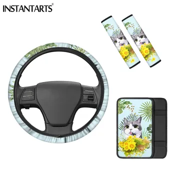 

INSTANTARTS Cute Animal Cat/Dog Pattern 4pcs Soft Car Seat Belt Cover Armrest Box Covers Non-slip Steering Wheel Cover Universal