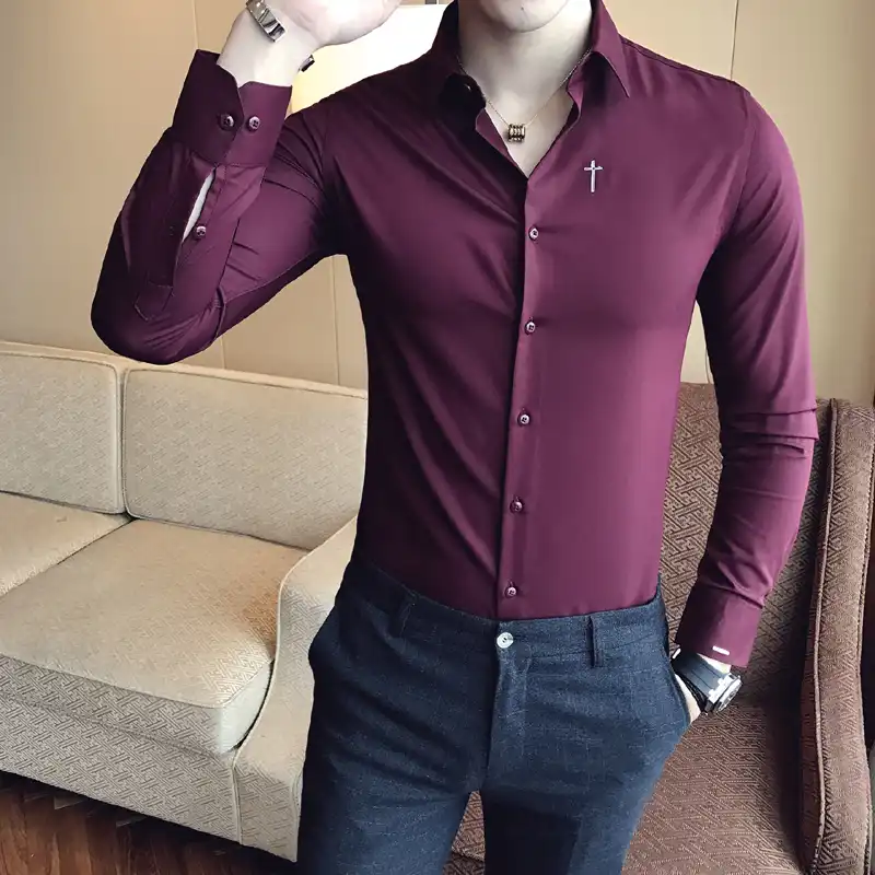 Camisas De Vestir De Color Burdeos Para Hombre Ropa De Boda Elegante Para Caballeros Ropa De Oficina Social Basica Camisas Informales Aliexpress