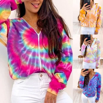 

Women's Zipper Hooded Cardigan Tie-Dye Printed Long Sleeve Loose Top Jacket Sweater