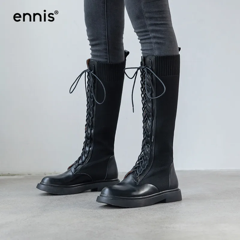 ENNIS/модные черные сапоги до колена в уличном стиле; женские сапоги из натуральной кожи на плоской подошве со шнуровкой; зимняя эластичная обувь в стиле панк с круглым носком; Новинка; L933