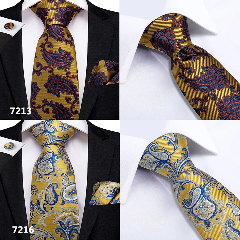 Дизайнерский Модный мужской галстук золотой синий желтый Пейсли высококачественный Шелковый Свадебный галстук для мужчин DiBanGu Hanky запонки подарочный галстук набор
