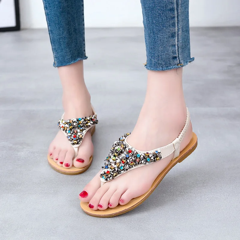 

2019 Summer Waterproof Platform Beach WOMEN'S Shoes Elastic Foot Covering Man-made Diamond Flip-flop Sequin Flip-flops Learn Kor
