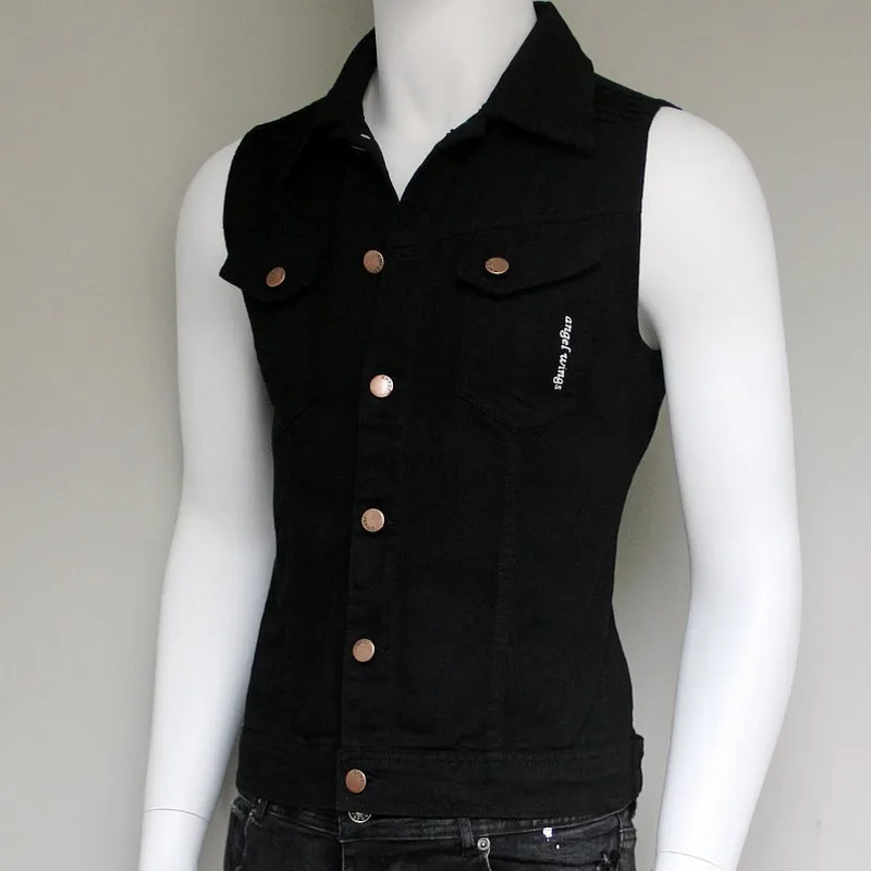 

Fashion Mens Casual Sleeveless Denim Vest Short Jacket Harajuku Printed Single Breasted Waistcoat Korean Slim Fit Cowboy Vests