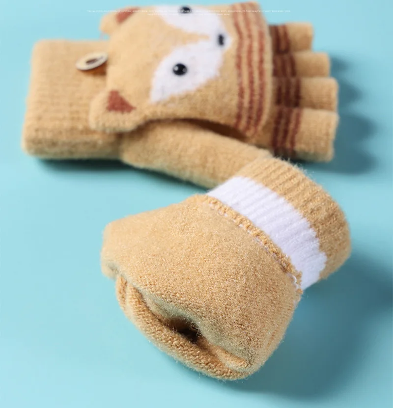 6-10 Years Old Boy Girl Fur Wool Knit Kid Soft Half Finger Flip Glove Children Winter Warm Cute Cartoon Fox Knit Mitten I89