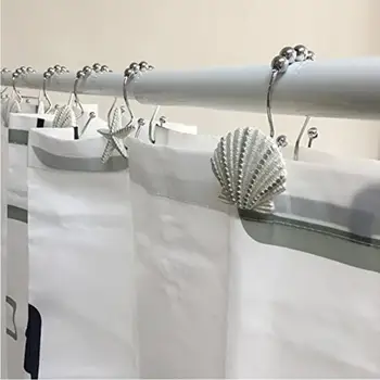 

12PCS Stainless Steel Shower Curtain Double Hook White Starfish Shell Shape Mixed Resin Double Hook for Bathroom Curtain