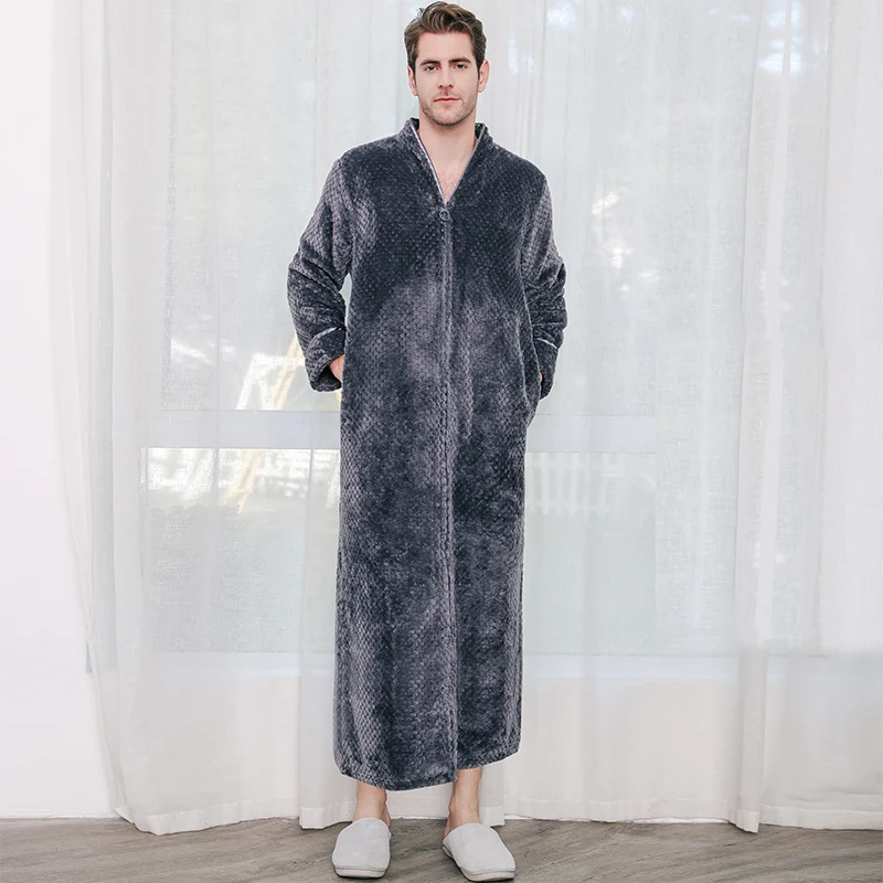 Men Grey Мужские зимние теплые большие размеры удлиненные толстые сетки фланелевый Халат мужская молния Теплый банный халат мужские роскошные халаты - Цвет: Men Grey