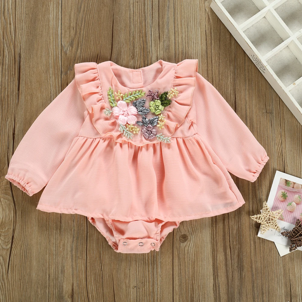 Cute Newborn Baby Girl Long Sleeve Floral Solid Color Dress Romper Jumpsuit Playsuit Outfits Baby Clothes