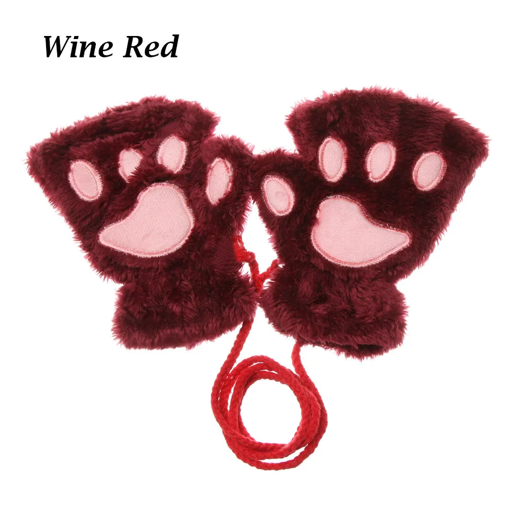 wine red Милые плюшевые перчатки в виде кошачьей лапы для детей; зимние теплые варежки для девочек; короткие перчатки без пальцев; детские перчатки на половину пальцев - Цвет: wine red