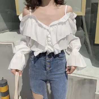 

2020 Summer New Arrival Female Long-Sleeve boat neck strapless Blouse Women Shirt Chiffon Ruffle Tops Women Blouse G1281