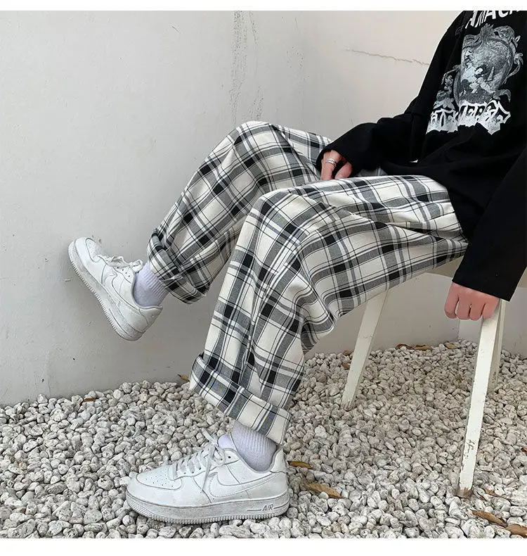 HOUZHOU Plaid Pants Men Linens Korean Checked Trousers Male Streetwear Fashion Bottoms Summer Wide Leg Pants Harajuku Breathable