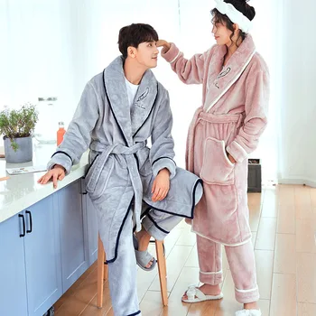 

2020 New Winter 2PCS Pajamas Set Women Thicken Couple Bathrobe Warm Flannel Nightgown Long Sleeve Pyjamas Men Home Clothes
