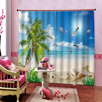 

Sunset Sea Landscape Beach Water Horizon Nature Scenery Curtain Large Window For Living Room Dolphin balloon Blackout Drapes Set