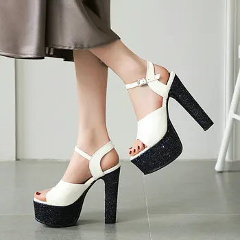 

Sexy Overheight with Women Sandals Platform Square Heel Shoes Fashion Bling Buckle Women Sandals Open Toe Party Shoes Big Size
