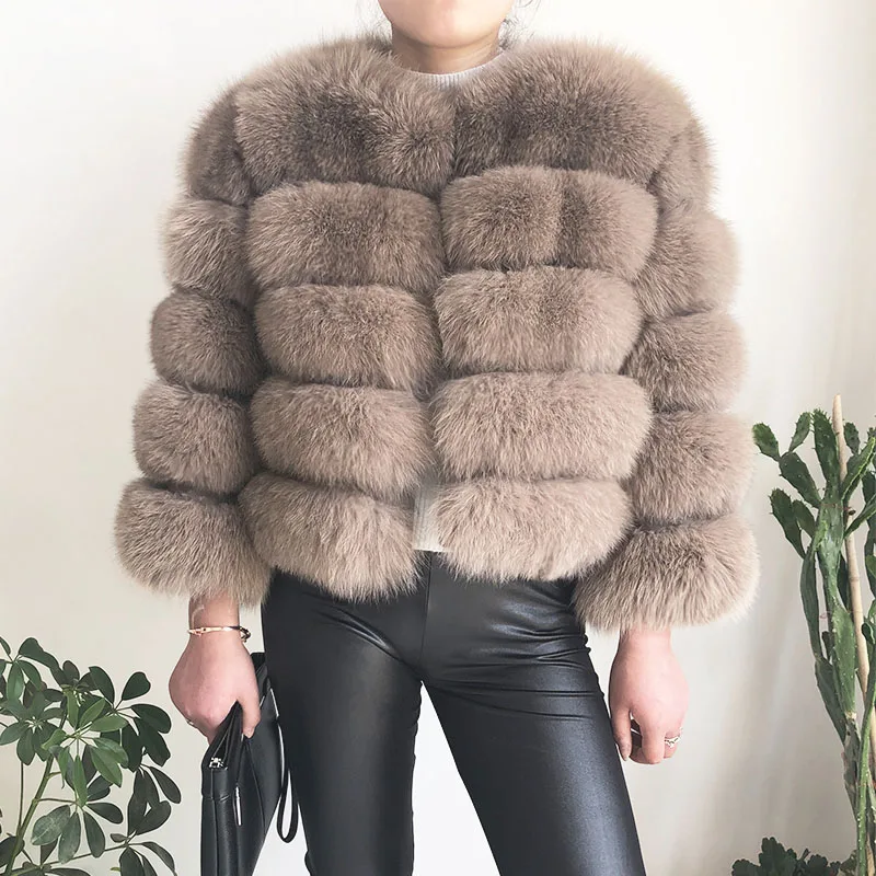 Light khaki Женское осенне-зимнее короткое пальто из натурального меха лисы, пальто из натуральной кожи, теплое и модное пальто из натурального меха, натуральный мех - Цвет: Light khaki