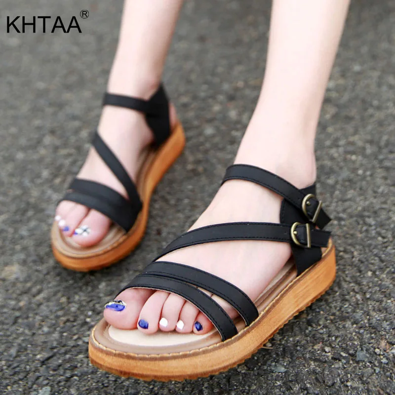 

Summer Women Sandals Platform Ladies Buckle Ankle Strap Open Toe Sewing Female Fashion Comfort Flats Beach Shoes Plus Size 34-43