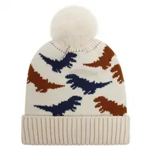 Toddler Hat Cute Cartoon Dinosaur Pattern Plush Ball Curling Edge Beanie Hat for Daily Wear Beanie Hat Baby Beanie Cap