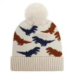 Toddler Hat Cute Cartoon Dinosaur Pattern Plush Ball Curling Edge Beanie Hat for Daily Wear Beanie Hat Baby Beanie Cap