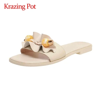 

Krazing pot leisure ruffles pendant full grain leather convenient square toe outside slipper young lady women basic slides L93