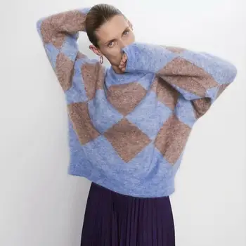 

2019 ZA Blue Sweater Rhombus Pullover for Women Fashion Full Sleeve Knit Sweatershirt Casual Soft Winter Autumn Girls Clothes