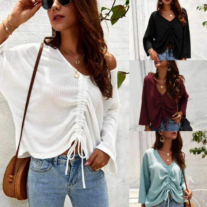 

Women V Neck Casual Loose Long Sleeve Drawstring T Shirt Summer Tops