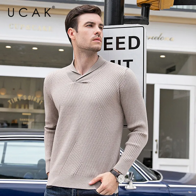 80% OFF UCAK Brand Sweater Men 2019 Winter Autumn Fashion Trend V-Neck Pull Homme Casual Streetwear Striped Tops Pullovers Knit U1026