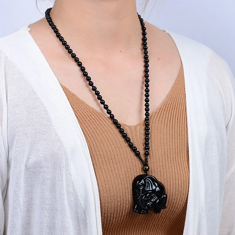 1Pcs Natural Obsidian Carved Elephant Necklace for Women and Men God of Wealth Luck Pendants Black Chain Gifts | Украшения и