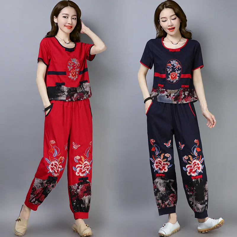

2019 Summer New Style Ethnic-Style Cotton Linen Loose-Fit Embroider Jacket + Embroidery Cotton Linen Loose Pants Set