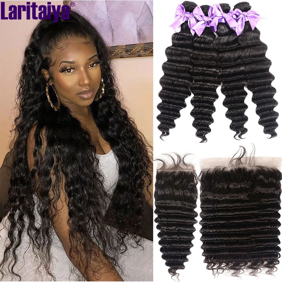 Mechones de pelo suelto de ondas profundas, cabello humano peruano con 100% Frontal, 2/3 mechones con cierre, encaje frontal, mechones de grosor completo